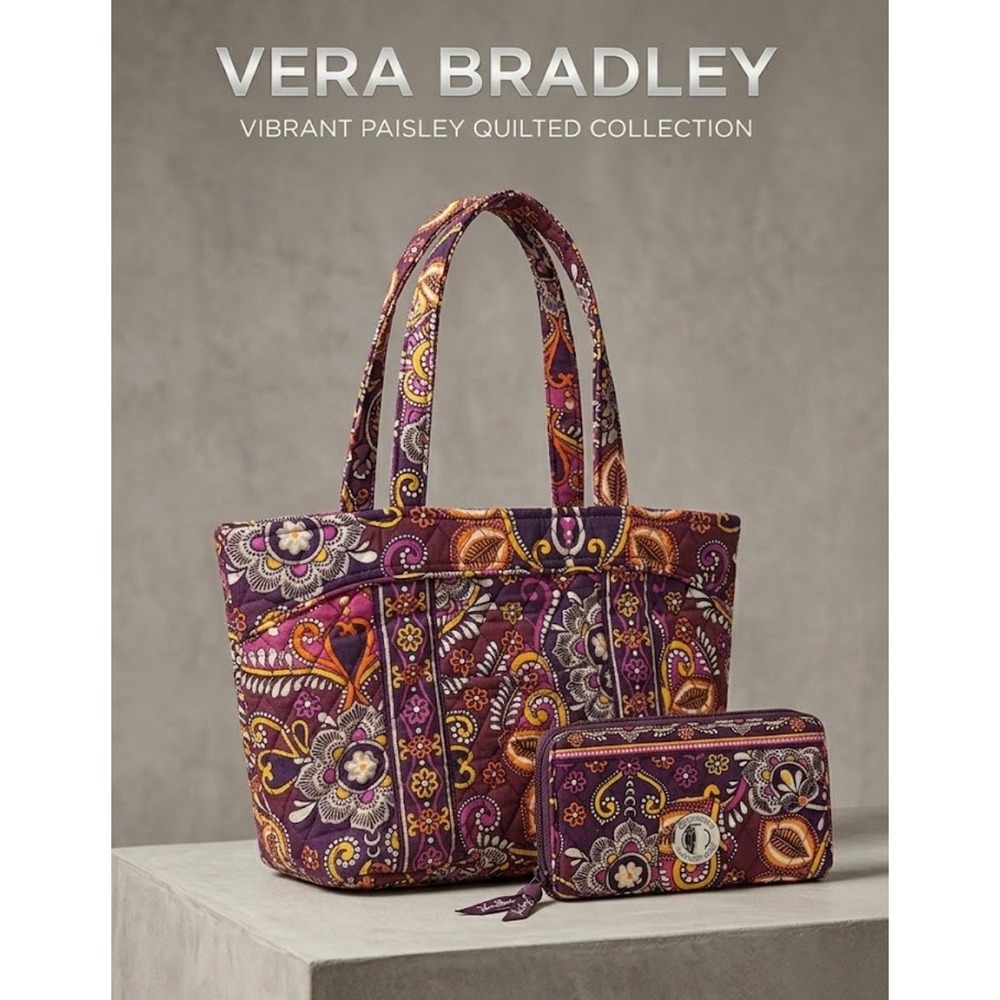 Vera Bradley Vibrant Paisley Quilted Tote Bag and Turnlock Wallet Set Purple